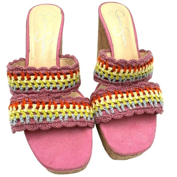 JESSICA SIMPSON 8.5 Purple Satela Cork Wedge Slip On Crochet Strap Sandals Y2K - Picture 3 of 9